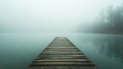 A tranquil wooden pier extends into a misty lake, creating a serene atmosphere perfect for reflection and solitude.