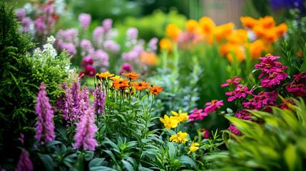 A lush garden filled with colorful flowers and green foliage 