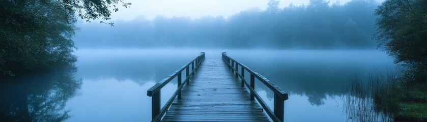 Fototapeta premium A tranquil wooden pier extends into a misty lake, surrounded by lush greenery, creating a serene and peaceful atmosphere.