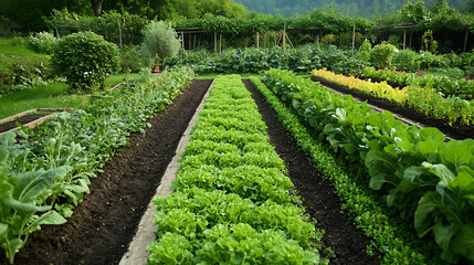 A vegetable garden with neatly arranged rows of plants and herbs 