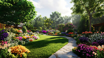 Fototapeta premium A well-tended garden with a variety of blooming flowers and decorative plants 