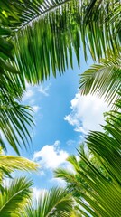 Fototapeta premium Lush Tropical Paradise: Vibrant Green Leaves Frame Clear Blue Sky. Nature's Perfection Captured in Stunning Contrast, Ideal for Summer Vacation Concepts, Travel Inspiration, and Fresh Natural Backgro