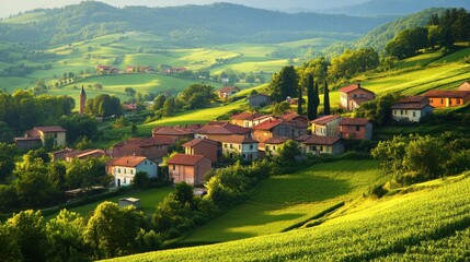 Serene countryside landscape with charming village, rolling hills, lush greenery, and vibrant sky in the background.