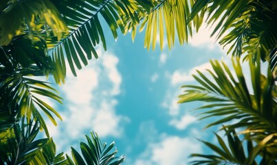 Fototapeta premium Lush Tropical Paradise: Vibrant Green Leaves Frame Clear Blue Sky. Nature's Perfection Captured in Stunning Contrast, Ideal for Summer Vacation Concepts, Travel Inspiration, and Fresh Natural Backgro