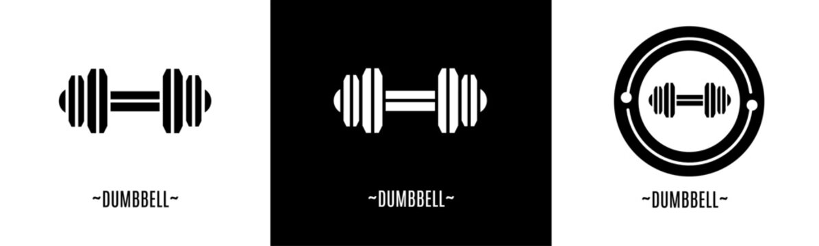 Dumbbell logo set. Collection of black and white logos. Stock vector.