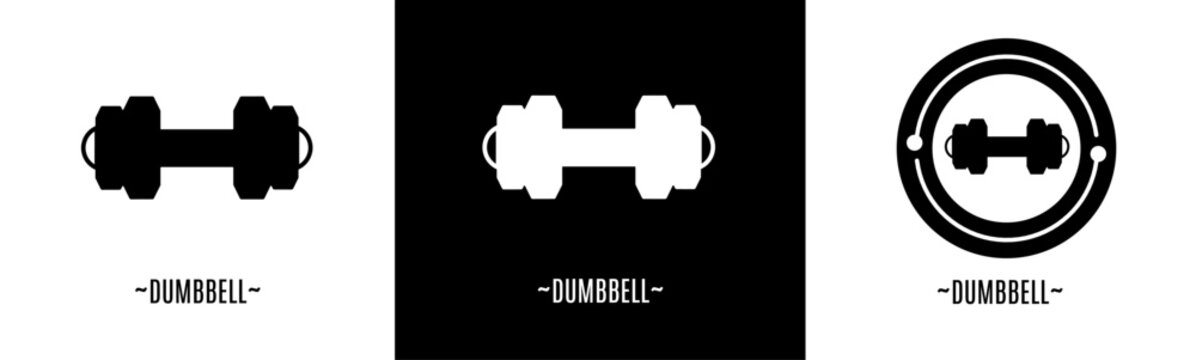 Dumbbell logo set. Collection of black and white logos. Stock vector.