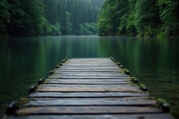 Obraz premium Serene wooden pier extending into tranquil lake surrounded by lush greenery, perfect for relaxation and nature appreciation.