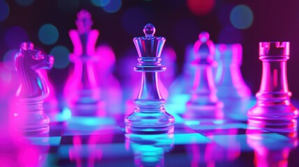 Vibrant chess pieces illuminated with neon lights create a captivating atmosphere, enhancing the classic game of strategy and skill.