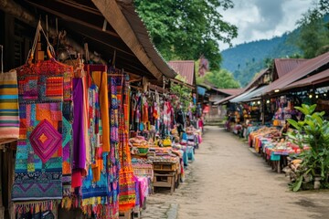 Vibrant market scene showcasing colorful textiles and handmade crafts, surrounded by lush green mountains and a serene village atmosphere.