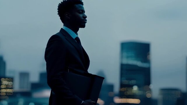 Silhouetted against the glittering city skyline a figure in a business suit stands holding a briefcase lost in thought. Their age and gender are indistinguishable highlighting the