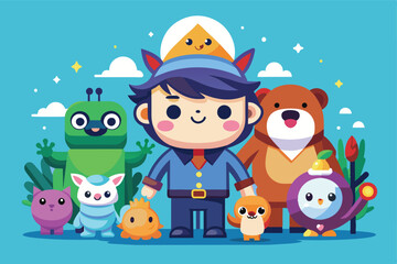 Fototapeta premium A Boy and His Adorable Cartoon Animal Companions