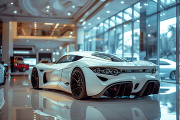 A modern white sports car in a showroom