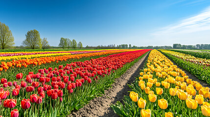 Fototapeta premium An expansive flower garden with rows of bright, colorful flowers stretching into the distance under a clear blue sky 