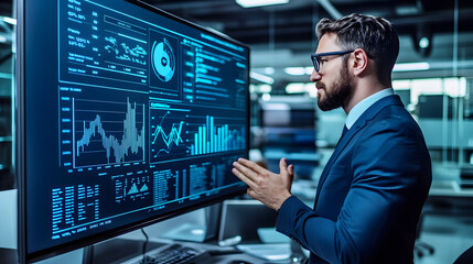 Employee Engaged in Goal Discussion, Modern Office with Large Screen OKR Display, Clean Minimalist Design