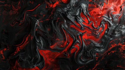 Fototapeta premium Dynamic abstract painting where deep black forms the backdrop for a burst of crimson red shapes that seem to move outward from the center. Center splash. Black and red colors.