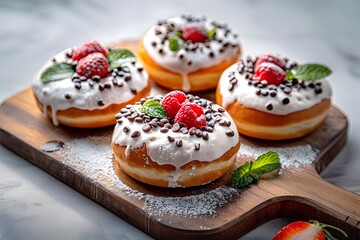 Delicious chocolate chip donuts topped with raspberries and mint leaves.