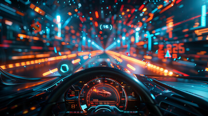 Interior view of electric car speedometer dashboard with holographic digital wireframe