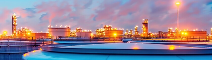 A scenic view of an oil refinery at dusk, showcasing illuminated storage tanks and industrial structures against a colorful sky.