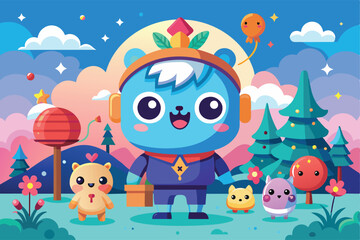 Obraz premium A Blue Bear Character with Friends in a Fantasy Landscape