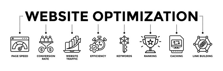 Website optimization banner web icon with black outline icon of page speed, conversion rate, website traffic, efficiency, keywords, ranking, caching, and link building. Vector illustration 