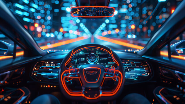 Interior view of electric car speedometer dashboard with holographic digital wireframe