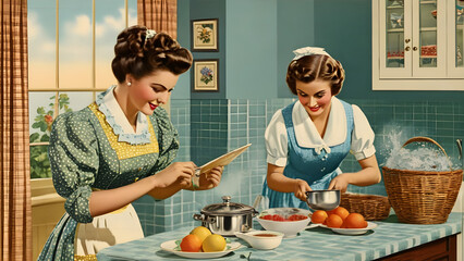 Old and vintage photo card of housewife, vintage photo card, housewives, ai generated