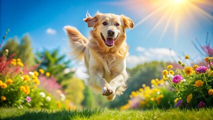 Golden retriever in joyful leap, tail wagging, fur shining in warm sunlight, surrounded by lush green lawn, vivid blooms, and clear blue sky backdrop.
