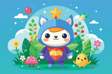 Cute Cartoon Animal in a Blue and Purple Costume with a Star on its Head in a Garden Setting