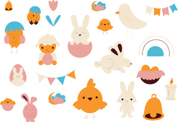 set of easter rabbits and eggs