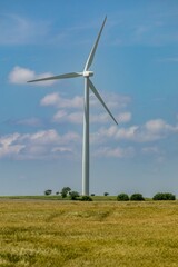 Fototapeta premium Windfarm on a wheatfield near Wilson, Kansas, United States Of America.