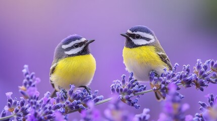 Obraz premium Two Small Yellow Birds Perched on Lavender