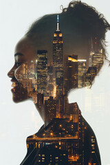 Young woman combining with night cityscape in double exposure portrait