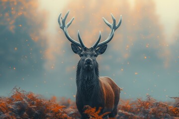 Majestic red deer stag standing in autumn forest