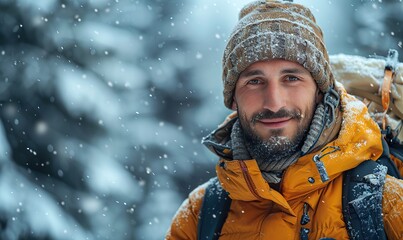 Fototapeta premium A young hiker is taking a selfie on a snowy winter mountain, surrounded by a white forest, showcasing outdoor sports and technology.