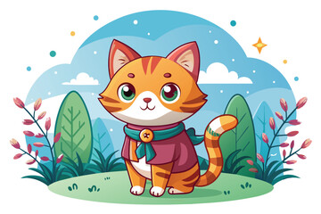 Cartoon Orange Striped Cat Wearing Red and Blue Outfit Standing in Grassy Area