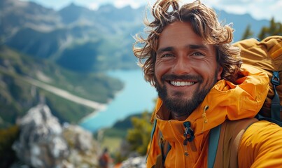 Naklejka premium A cheerful climber is taking a selfie with a smart mobile phone while hiking in the mountains, highlighting the travel and action camera aspects.