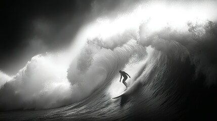 Silhouette of a Surfer Riding a Massive Wave
