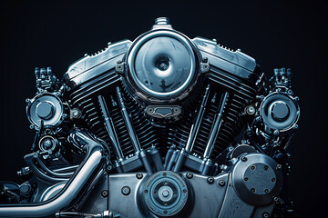 Fototapeta premium Close-up of a shiny motorbike engine with chrome details