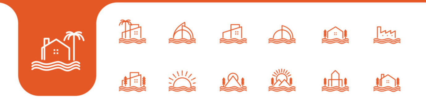 coast building line set icon design vector