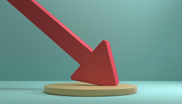 A vibrant red arrow pointing downwards, resting on a circular base, symbolizing decline or downward trends in a minimalist setting.