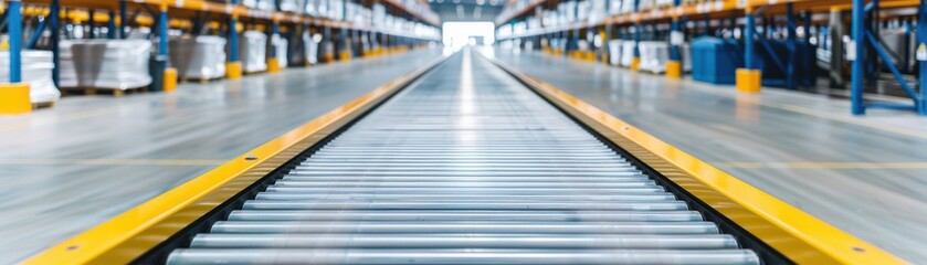 Fototapeta premium A spacious warehouse interior with a focus on a conveyor belt, showcasing an organized and well-lit industrial environment.