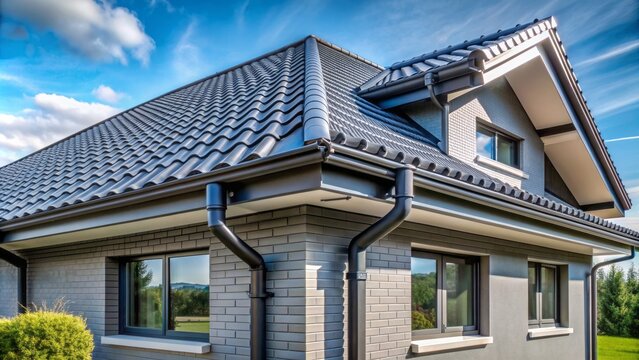 Modern house corner with large windows, gray metal tile roof, and exterior metallic guttering and drainage system, offering ample copy space for text or design additions.