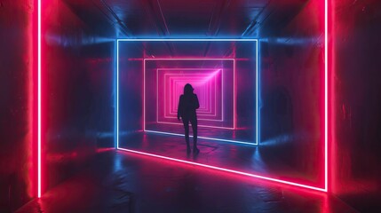 Geometric figure in neon light against a dark tunnel