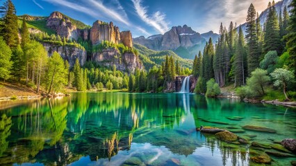 Fototapeta premium Serene morning scene of turquoise Hanging Lake reflecting surrounding lush green forest and majestic mountain peaks in Rocky Mountain National Park, Colorado.