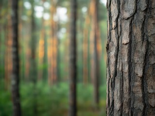 Fototapeta premium Advanced ecotourism in a pine forest, textured bark, captivating scenery, rich plant diversity, travelers immersed in nature with tech aids