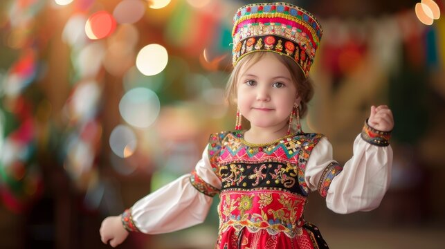 Slavic Charm: Russian Child in Vibrant Folk Dance Costume Embracing Tradition in Festive Atmosphere