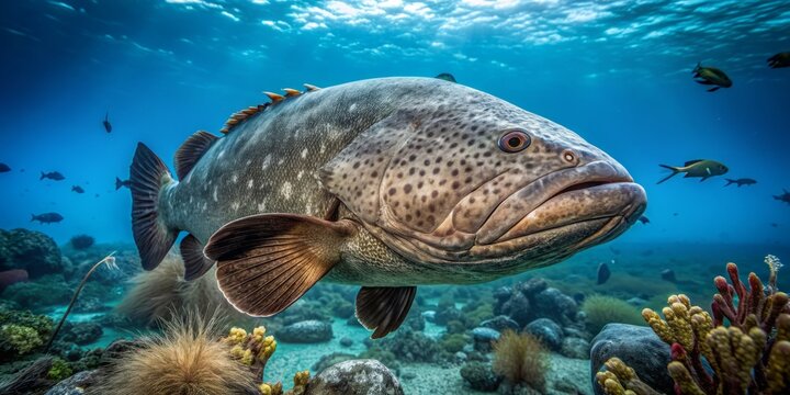 A massive Atlantic goliath grouper, itajara, or jewfish swims near coral reef, showcasing its brownish-gray color, large size, and distinctive pattern of small spots.
