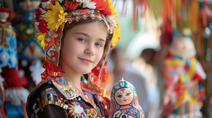 Fototapeta premium Proud Russian Youth in Matryoshka Costume Embracing Tradition with Doll in Cultural Setting