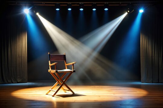 A empty theater stage with spotlight shining down, script and chair in the foreground, captures the essence of performance, creativity, and passion for the arts.