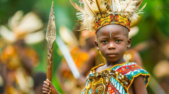 Proud Nigerian Child in Igbo Warrior Attire with Spear - Embracing Cultural Heritage and Tradition